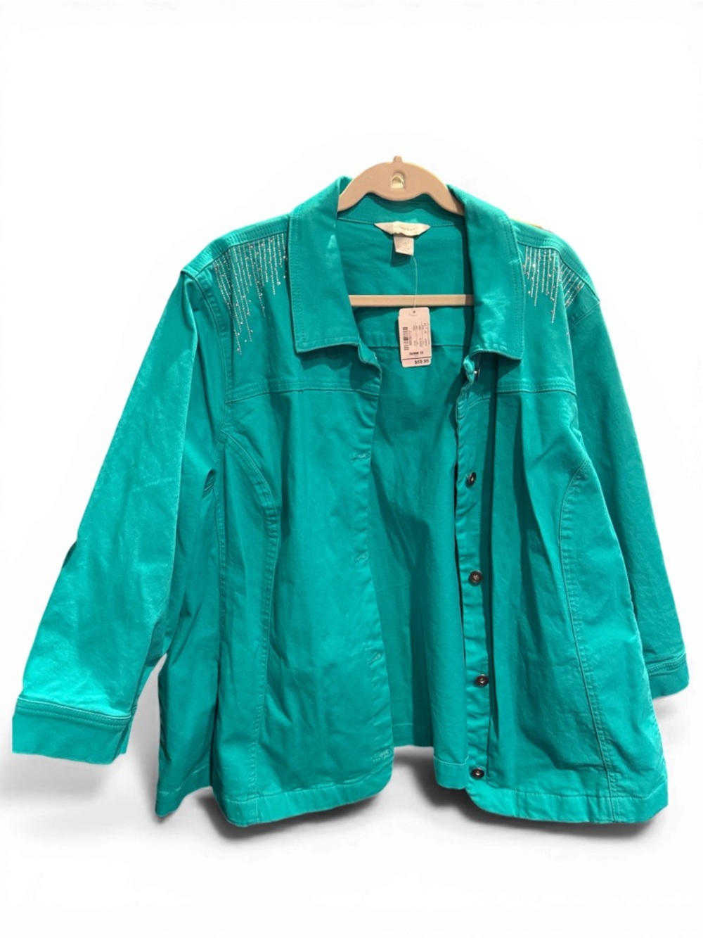 CJ Banks Turquoise Embellished Button-Front Women’s Lightweight Denim Jacket - Picture 2 of 11